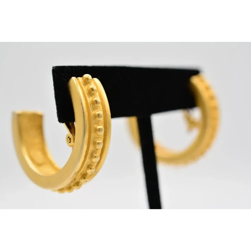 Givenchy Vintage Clip On Hoop Earrings Brushed Gold Heavy Chunky Signed 1980s 9I